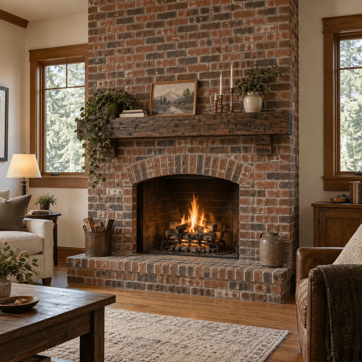 Living room with a brick fireplace and wood mantle built by Meister Masonry