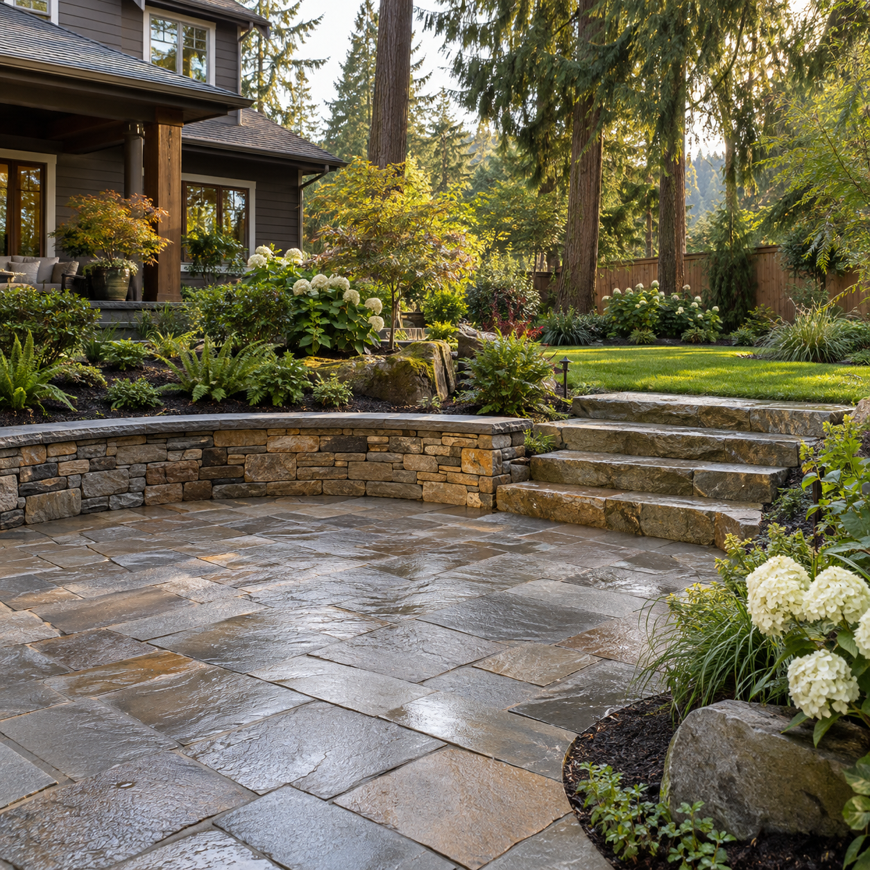 Natural stone patio, seat wall, and steps built by Meister Masonry