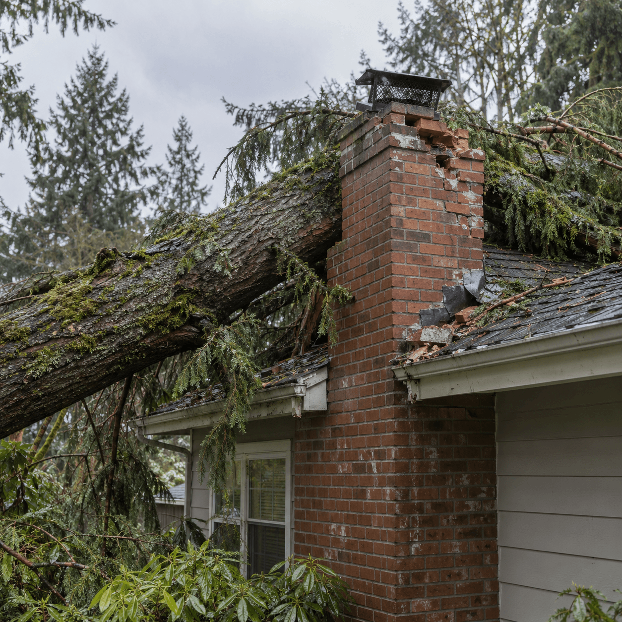 Storm damage to a brick chimney and roof from a fallen tree