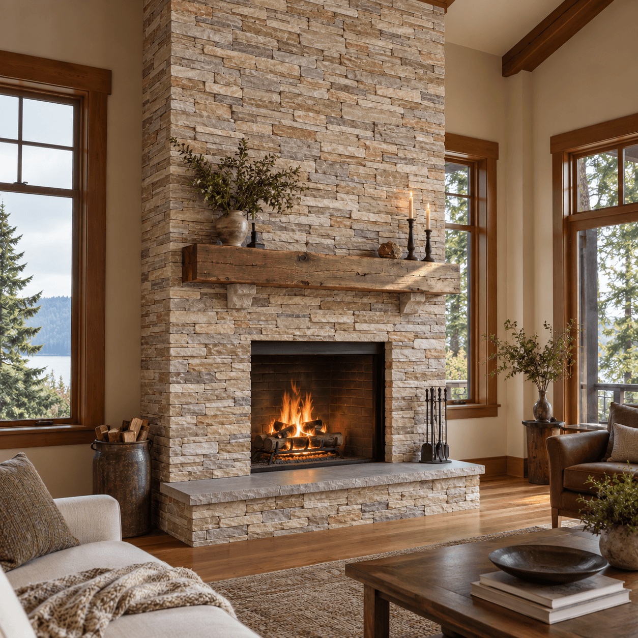 Interior stone fireplace with wood mantle, built by Meister Masonry