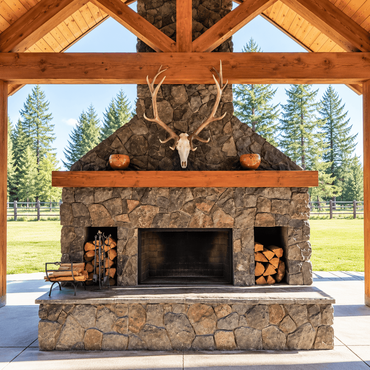 Custom outdoor stone fireplace with timber-frame cover, built by Meister Masonry