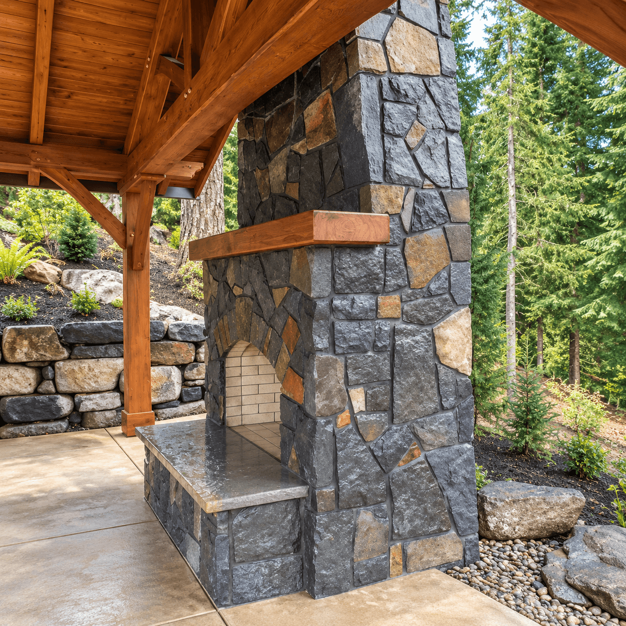 Stone fireplace and covered patio structure built by Meister Masonry