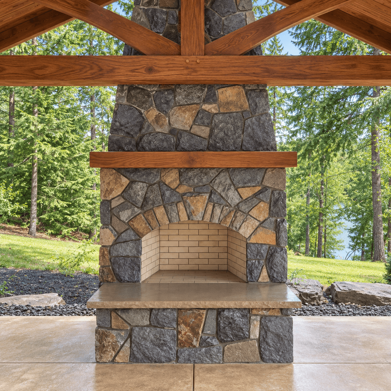 Outdoor stone fireplace with brick firebox and wood mantle, built by Meister Masonry