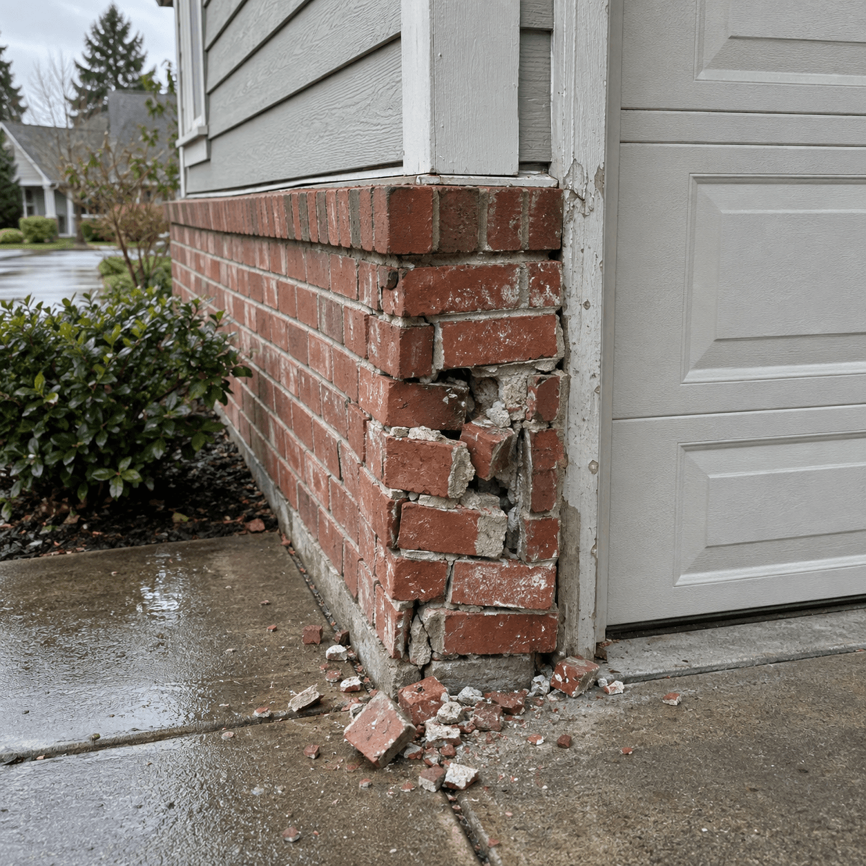 Cracked and crumbling brick foundation corner in need of insurance repair