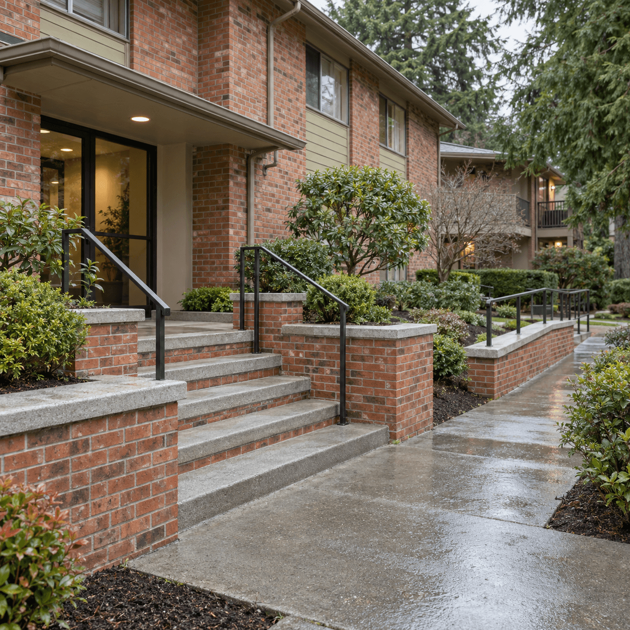 Brick multi-unit property entrance with brick planter walls and steps