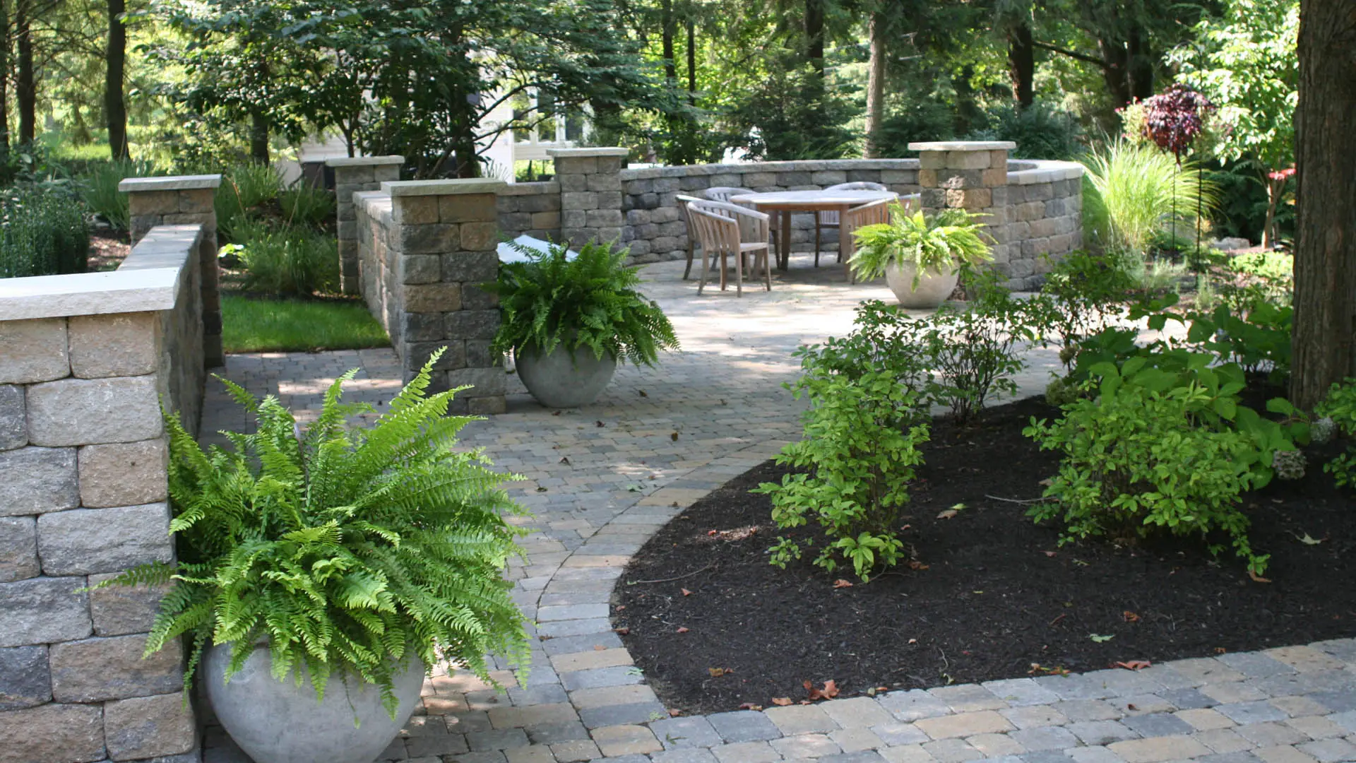 retaining walls with a paver patio and walkway